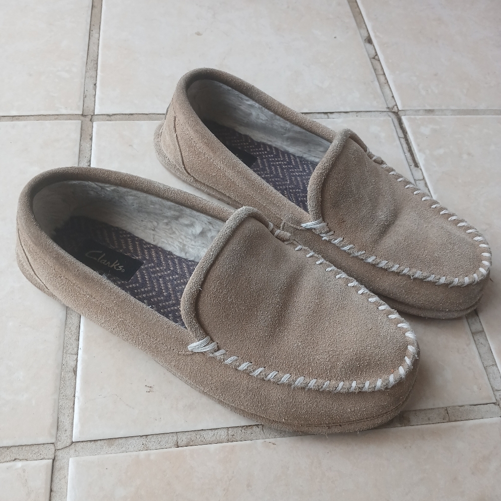 Clarks Men's Tan Suede Moccasin Slip On Loafers Slippers Size 11